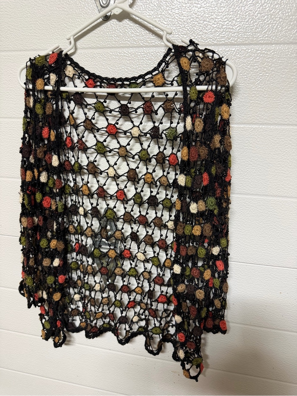 Open-Knit Multicolor Dot Crochet Vest - Black